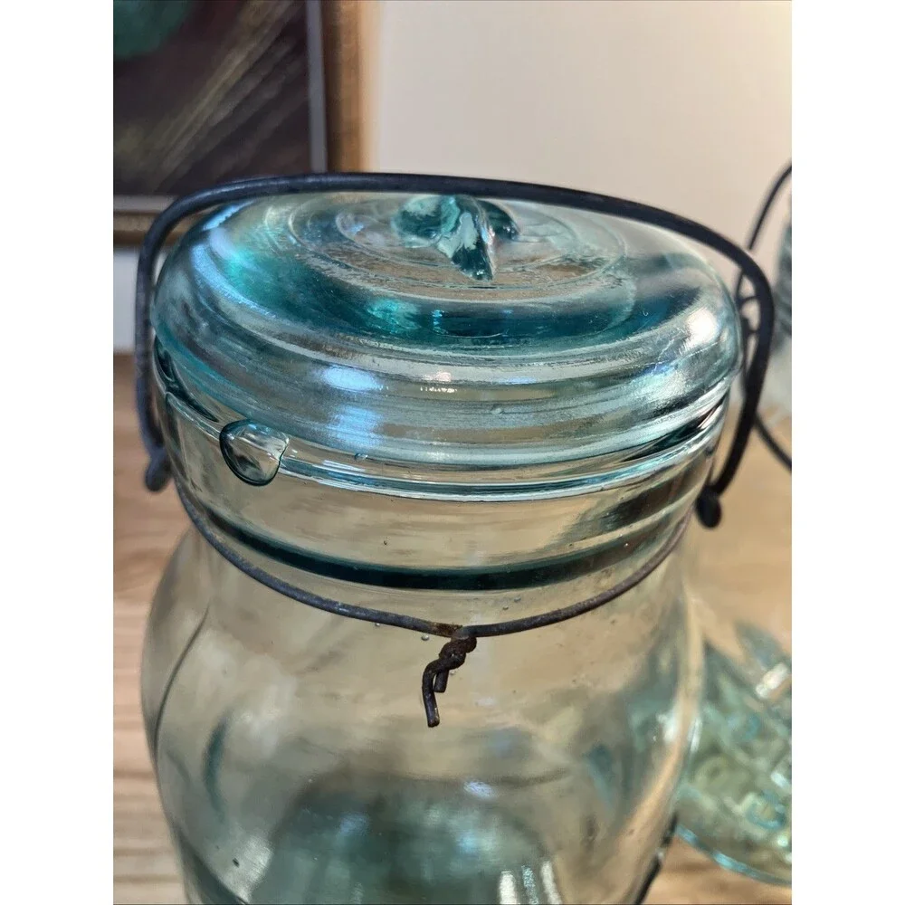 Pair of Vintage QT Atlas E-Z Seal Aqua Glass Canning Jars/Wire Bail